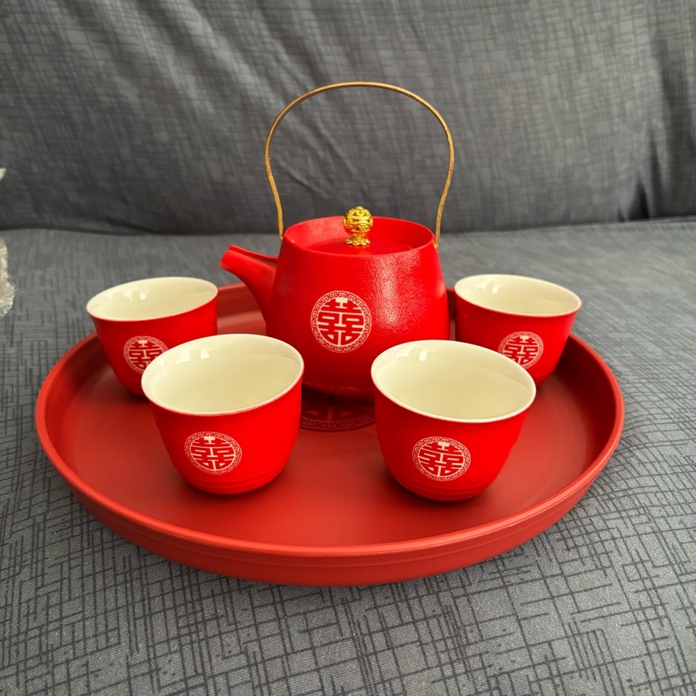 Tea Cup Set for Chinese Tea Ceremony Wedding Party Home Decor (Double Happiness)